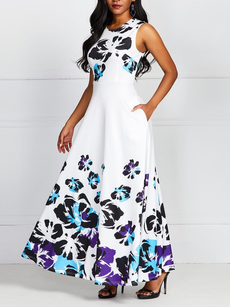 Vestido Feminino Com Estampa De Bolso E Decote Redondo Na Altura Do Tornozelo Vestido De Expansão Doce