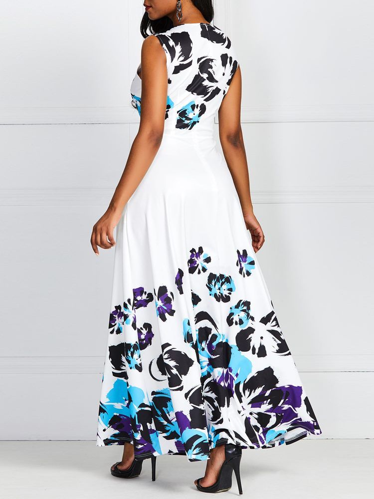 Vestido Feminino Com Estampa De Bolso E Decote Redondo Na Altura Do Tornozelo Vestido De Expansão Doce