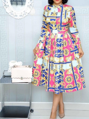 Vestido Feminino Com Gola Em Pé Manga Comprida Manga Comprida Cintura Alta