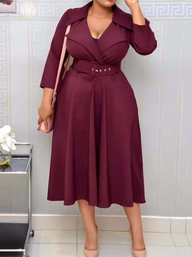 Vestido Feminino Com Lapela Entalhada Na Lapela Manga Três Quartos Vestido De Outono
