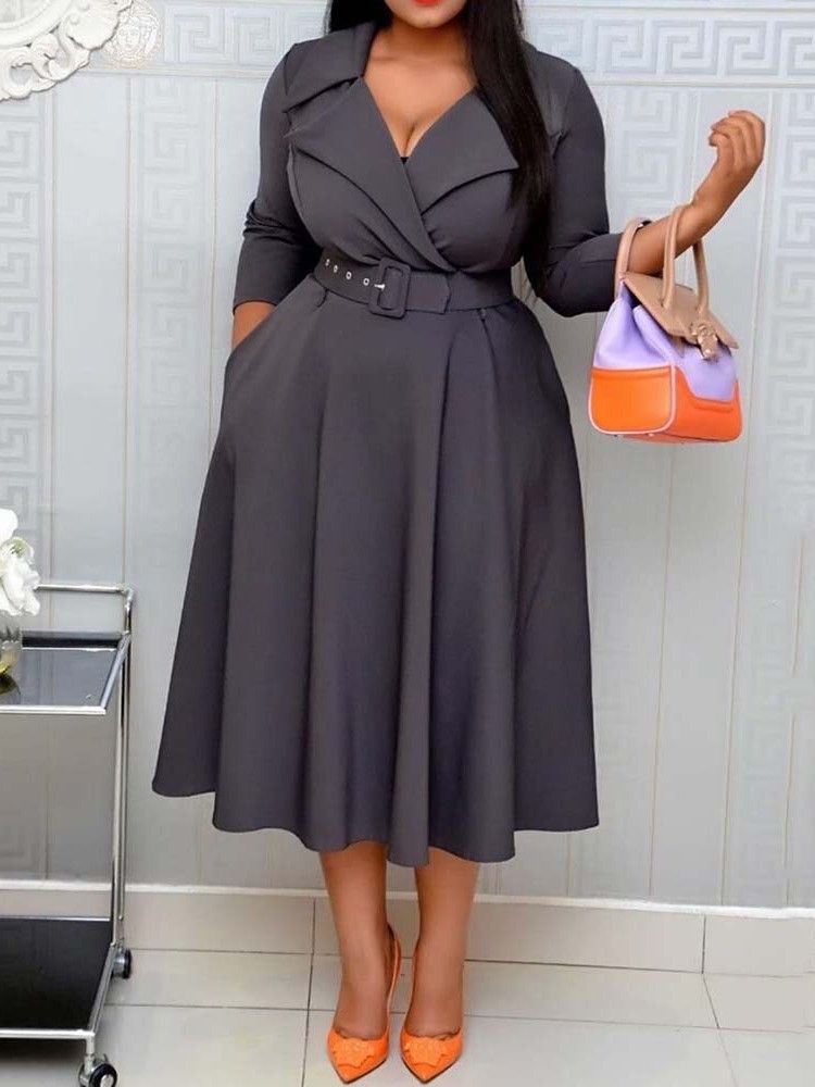Vestido Feminino Com Lapela Entalhada Na Lapela Manga Três Quartos Vestido De Outono