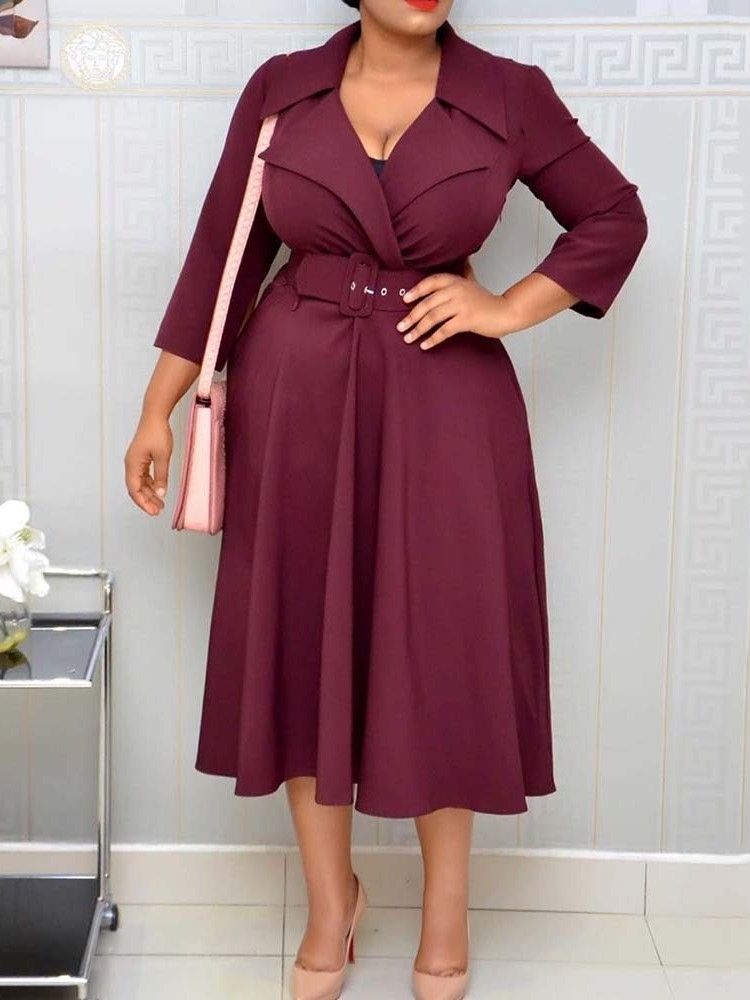 Vestido Feminino Com Lapela Entalhada Na Lapela Manga Três Quartos Vestido De Outono