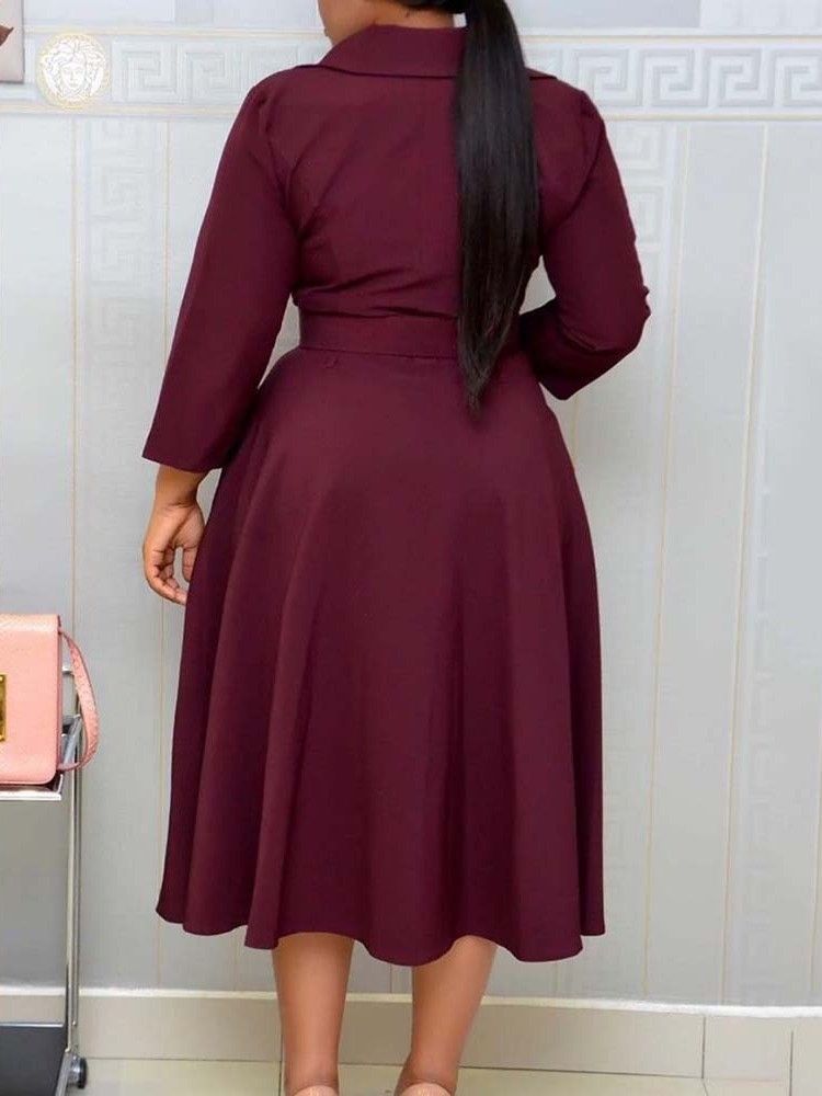 Vestido Feminino Com Lapela Entalhada Na Lapela Manga Três Quartos Vestido De Outono