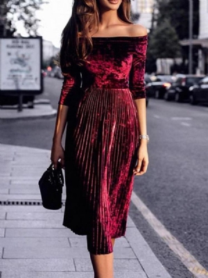 Vestido Feminino Com Três Quartos De Manga Cortada Decote Médio Panturrilha Outono Plissado