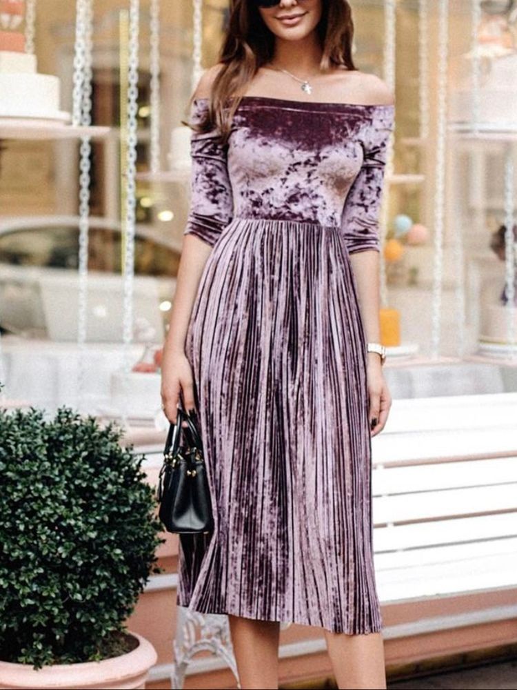 Vestido Feminino Com Três Quartos De Manga Cortada Decote Médio Panturrilha Outono Plissado