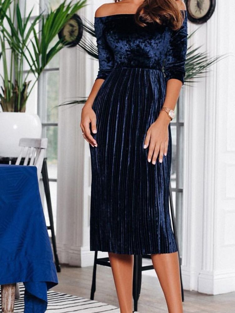 Vestido Feminino Com Três Quartos De Manga Cortada Decote Médio Panturrilha Outono Plissado