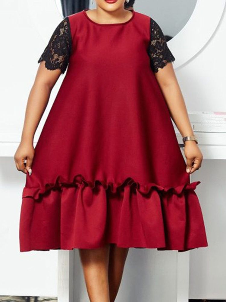 Vestido Feminino Em Patchwork De Cor Em Bloco Com Decote Redondo Panturrilha Média