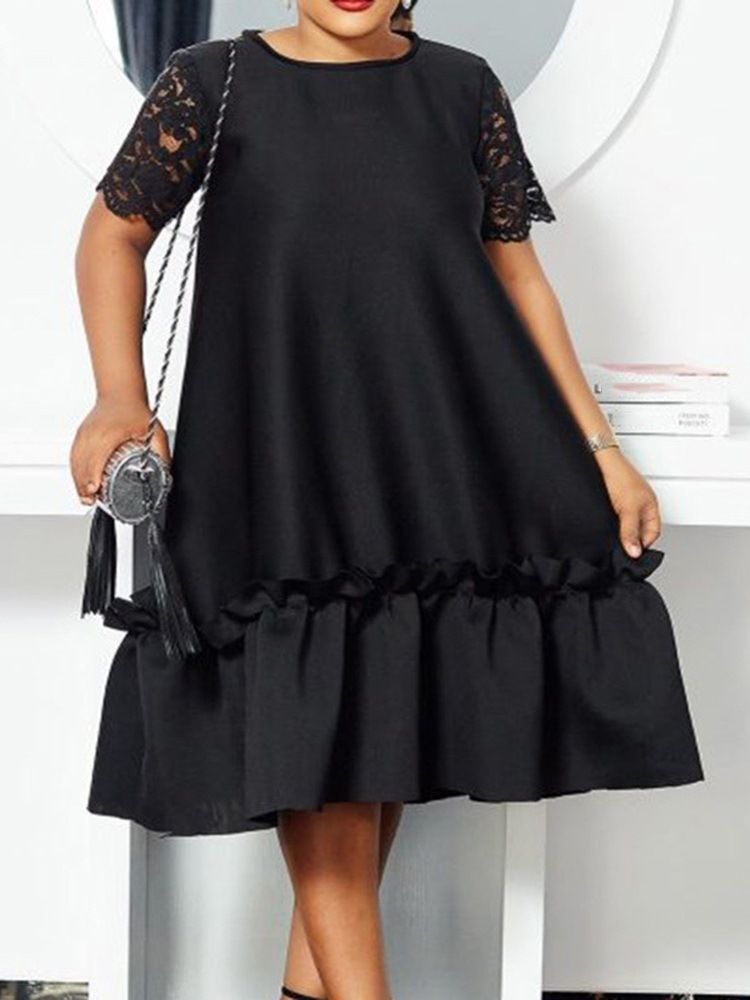 Vestido Feminino Em Patchwork De Cor Em Bloco Com Decote Redondo Panturrilha Média