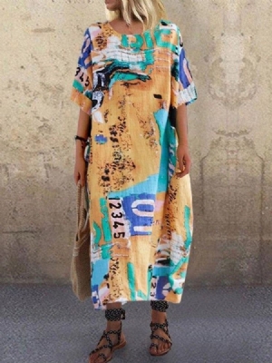 Vestido Feminino Estampado Casual Meia Meia Manga Número Reto