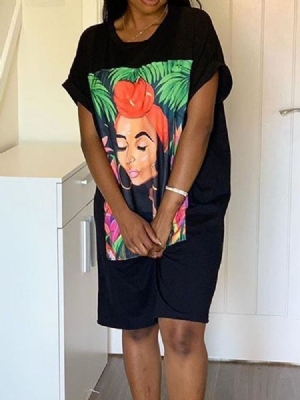 Vestido Feminino Estampado Na Altura Do Joelho Em Volta Do Pescoço Pulôver De Verão