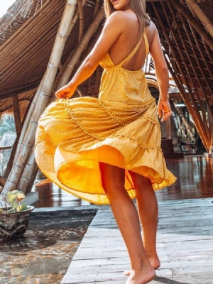 Vestido Feminino De Expansão Com Decote Em V Sem Encosto E Meia Panturrilha Para Viagem