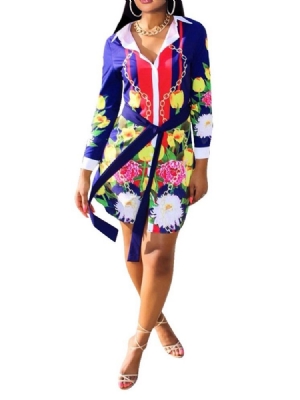 Vestido Feminino Floral De Manga Comprida Com Cinto Assimétrico Bodycon