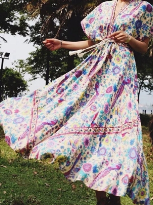 Vestido Feminino Floral Na Altura Do Tornozelo Com Decote Em V E Meia Manga