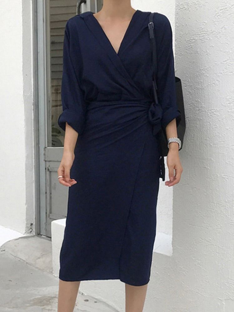 Vestido Feminino Liso De Manga Comprida Com Renda Média Na Panturrilha