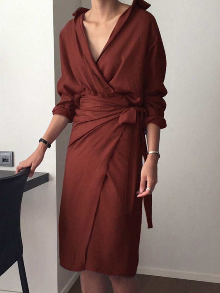 Vestido Feminino Liso De Manga Comprida Com Renda Média Na Panturrilha