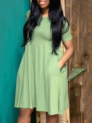 Vestido Feminino De Manga Curta Até O Joelho Em Torno Do Pescoço