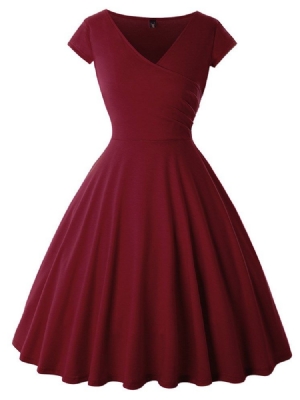 Vestido Feminino De Manga Curta Plissada Com Decote Em V Pulôver De Cintura Padrão