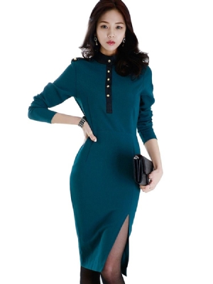 Vestido Feminino De Mangas Compridas Na Altura Do Joelho Com Colarinho