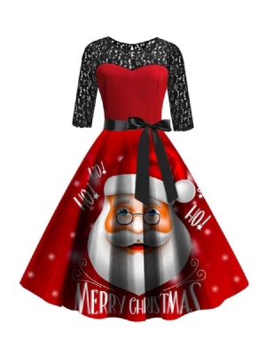 Vestido Feminino De Natal Em Patchwork De Meia Panturrilha Redondo E Coquetel Para Festa