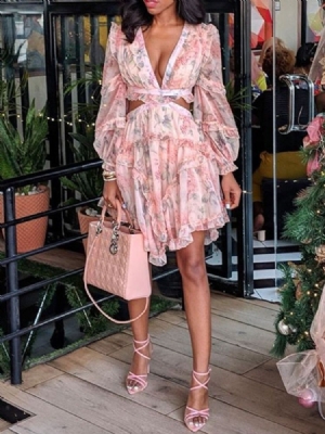 Vestido Feminino Oco Com Decote Em V Na Altura Do Joelho Outono Assimétrico