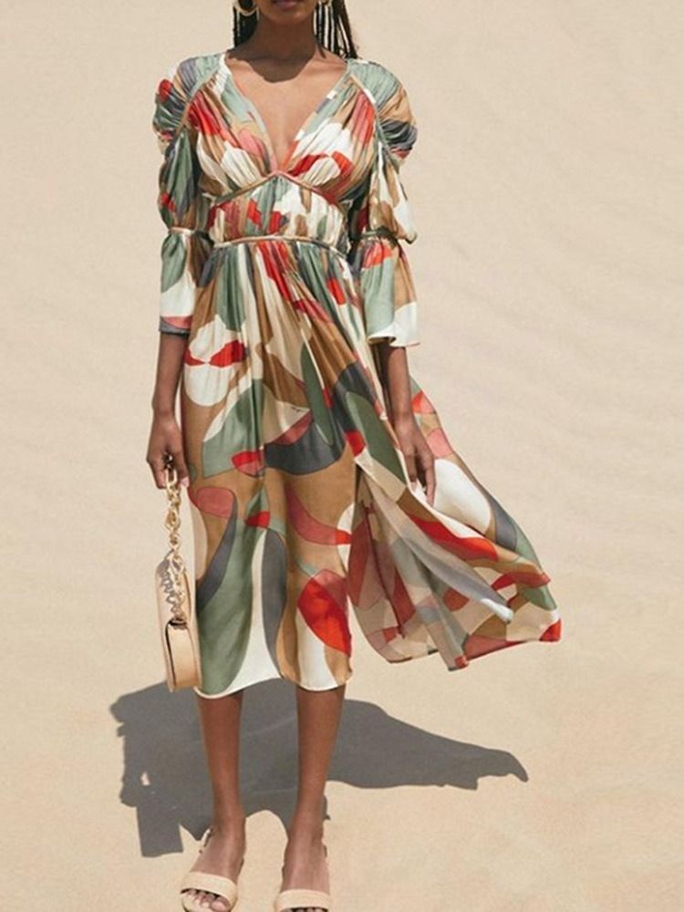 Vestido Feminino Patchwork Com Decote Em V Com Nove Pontos Manga Cor Bloco Midi