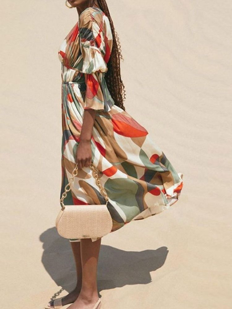 Vestido Feminino Patchwork Com Decote Em V Com Nove Pontos Manga Cor Bloco Midi