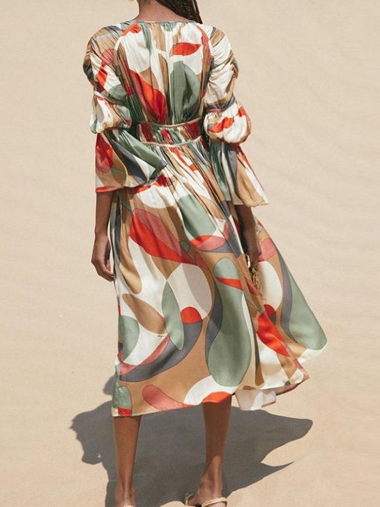 Vestido Feminino Patchwork Com Decote Em V Com Nove Pontos Manga Cor Bloco Midi