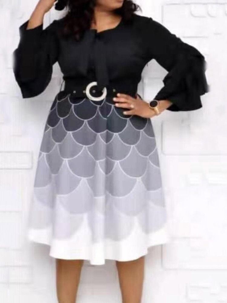 Vestido Feminino Patchwork De Nove Pontos Manga Meia Panturrilha Pulôver Colorido