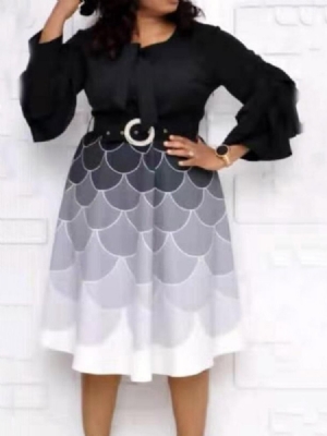 Vestido Feminino Patchwork De Nove Pontos Manga Meia Panturrilha Pulôver Colorido