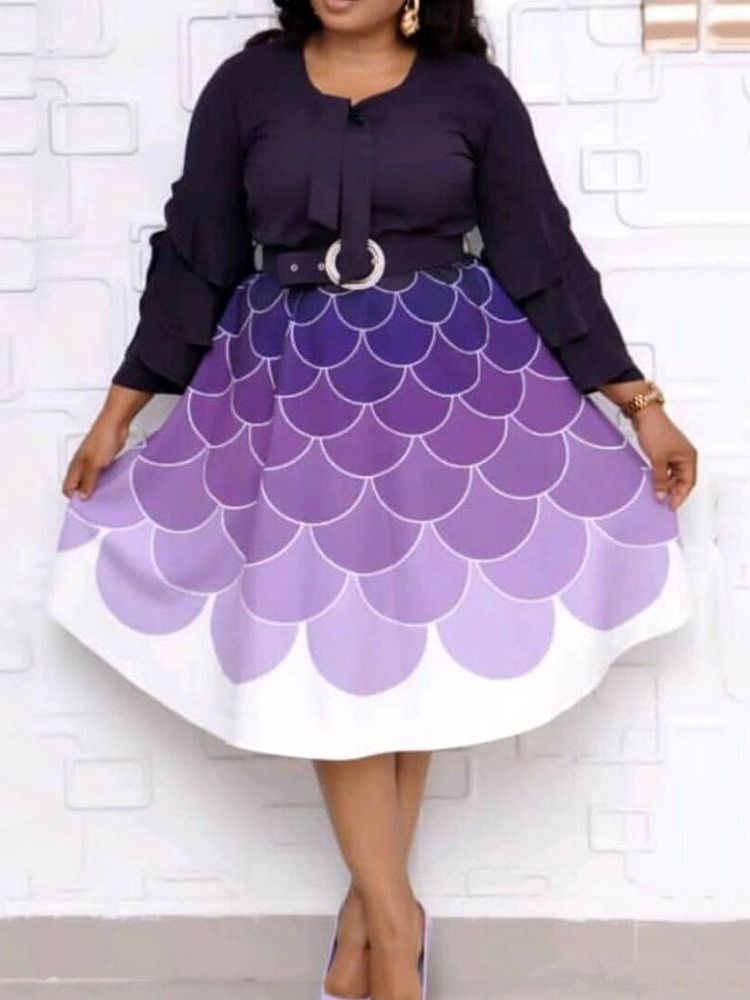Vestido Feminino Patchwork De Nove Pontos Manga Meia Panturrilha Pulôver Colorido
