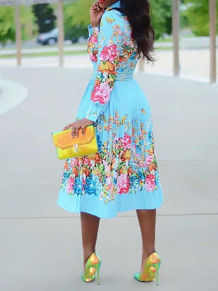 Vestido Feminino Plissado Estampado Manga Longa Lapela Média Panturrilha Pulôver Cintura Padrão