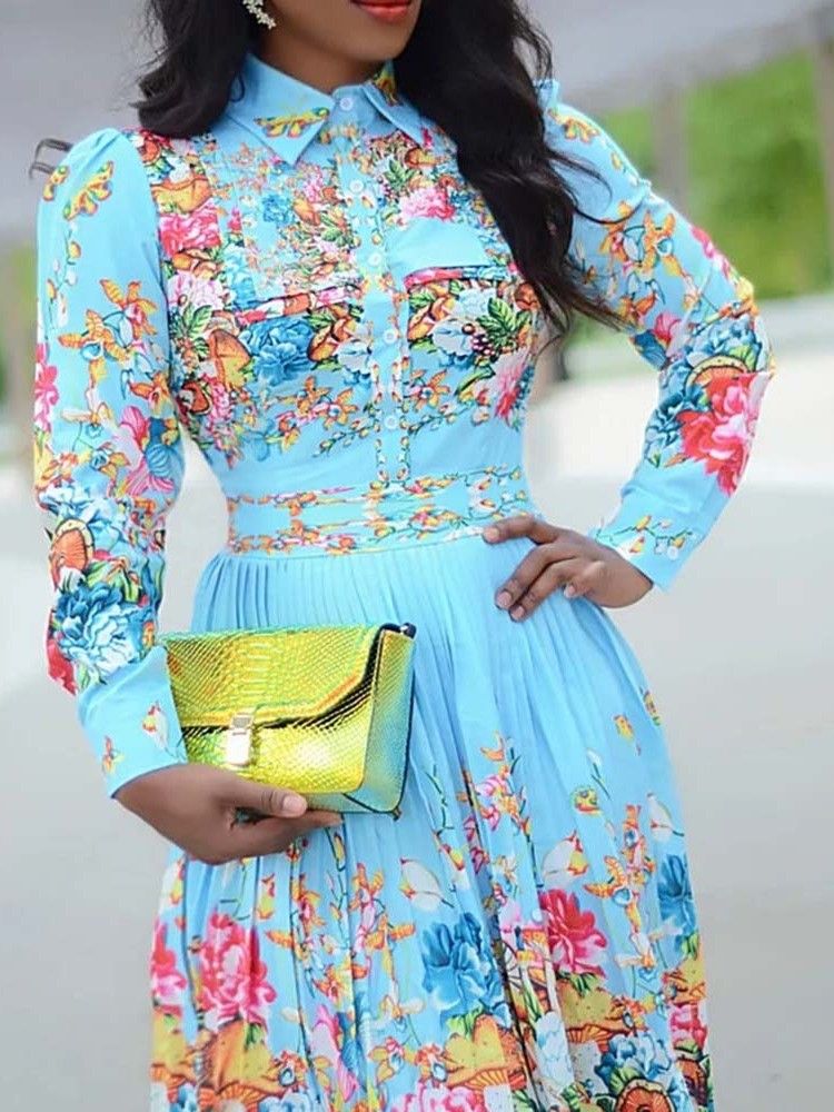 Vestido Feminino Plissado Estampado Manga Longa Lapela Média Panturrilha Pulôver Cintura Padrão