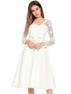 Vestido Feminino De Renda Oca Em Linha A Com Decote Em V Regular Na Panturrilha Média