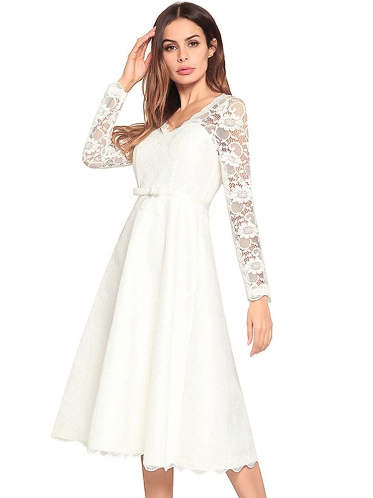 Vestido Feminino De Renda Oca Em Linha A Com Decote Em V Regular Na Panturrilha Média