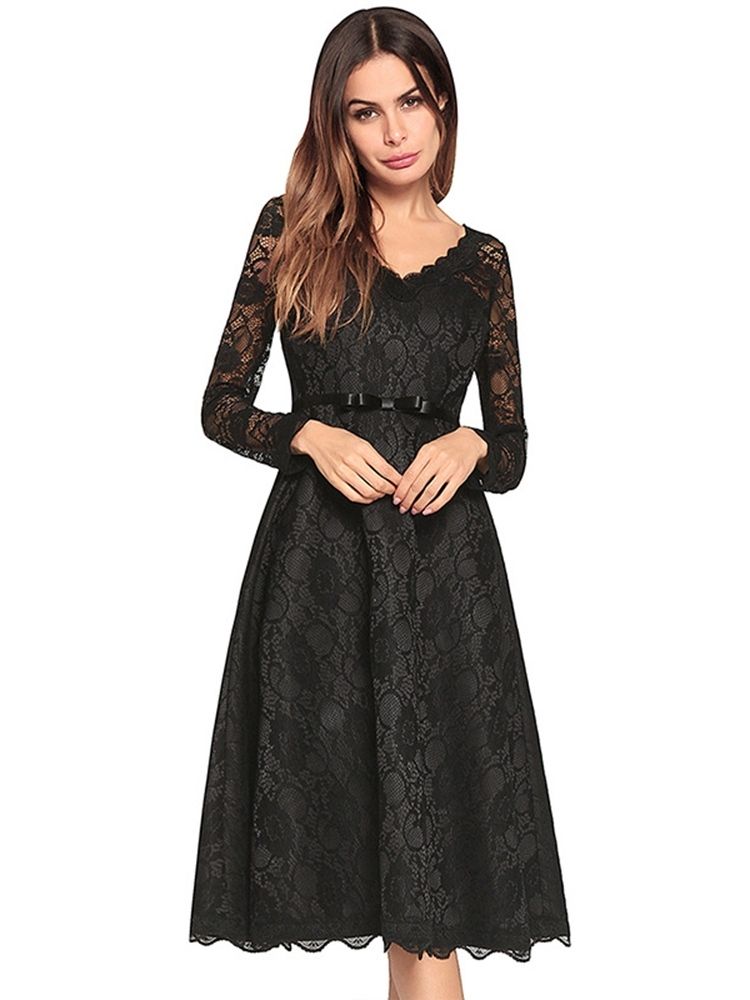 Vestido Feminino De Renda Oca Em Linha A Com Decote Em V Regular Na Panturrilha Média