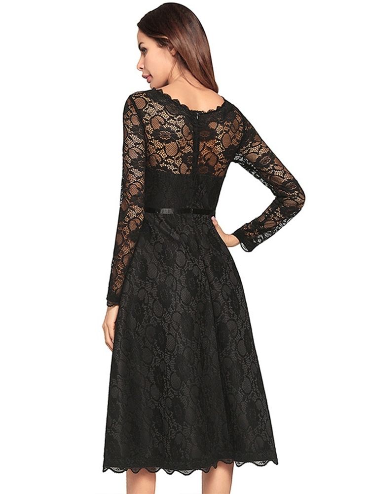 Vestido Feminino De Renda Oca Em Linha A Com Decote Em V Regular Na Panturrilha Média