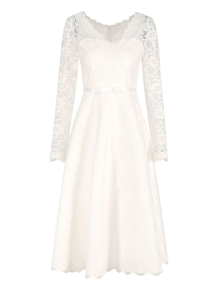 Vestido Feminino De Renda Oca Em Linha A Com Decote Em V Regular Na Panturrilha Média