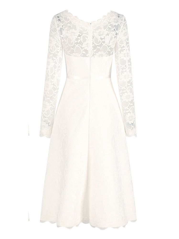Vestido Feminino De Renda Oca Em Linha A Com Decote Em V Regular Na Panturrilha Média