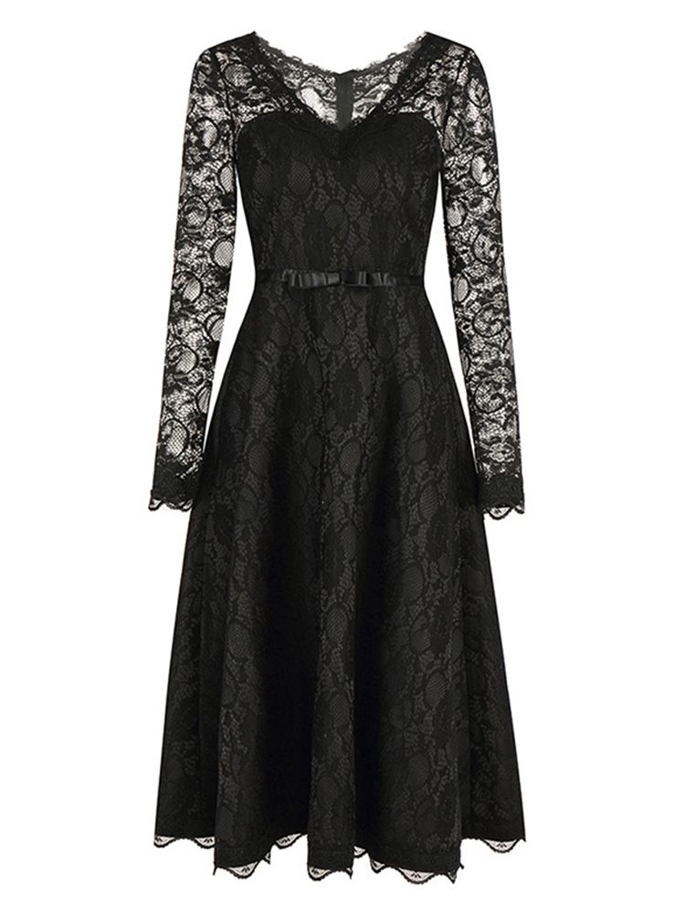 Vestido Feminino De Renda Oca Em Linha A Com Decote Em V Regular Na Panturrilha Média