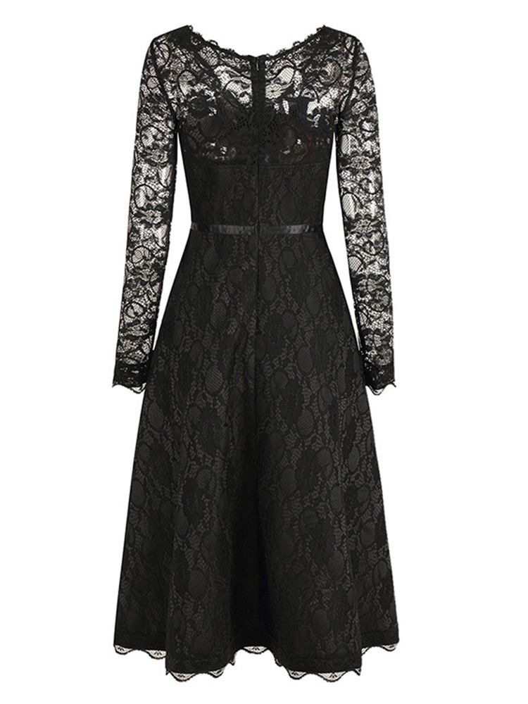 Vestido Feminino De Renda Oca Em Linha A Com Decote Em V Regular Na Panturrilha Média