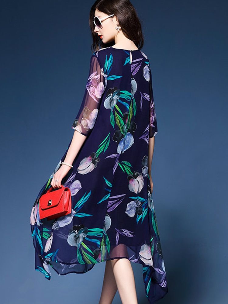 Vestido Feminino Seda Delicate Estampado Assimétrico Flowy Casual