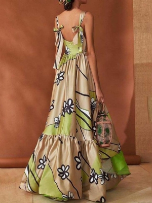 Vestido Feminino Sem Mangas Até O Chão Assimétrico Cor Bloco De Cintura Alta