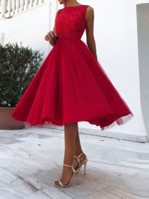 Vestido Feminino Sem Mangas Em Torno Do Pescoço Panturrilha Média E Renda