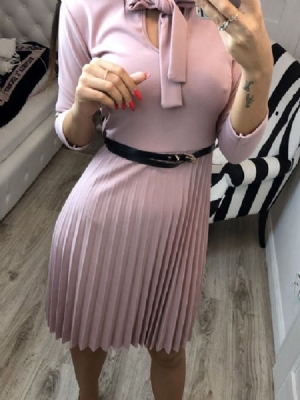 Vestido Liso Feminino Com Gola De Três Quartos Manga Na Altura Do Joelho