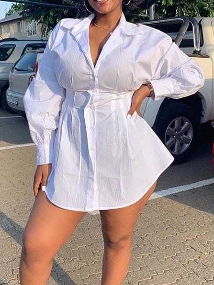 Vestido De Manga Comprida Com Botão Acima Do Joelho Feminino Assimétrico