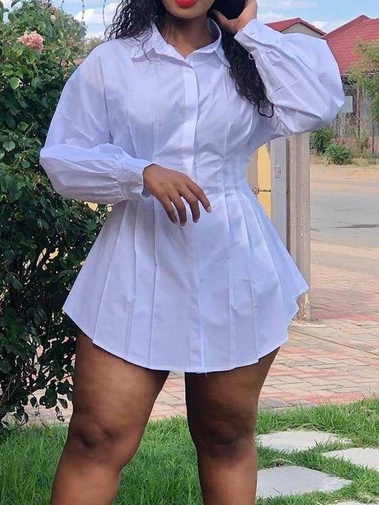 Vestido De Manga Comprida Com Botão Acima Do Joelho Feminino Assimétrico
