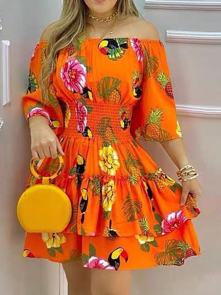 Vestido Normal Feminino Com Estampa Acima Do Joelho Manga Três Quartos