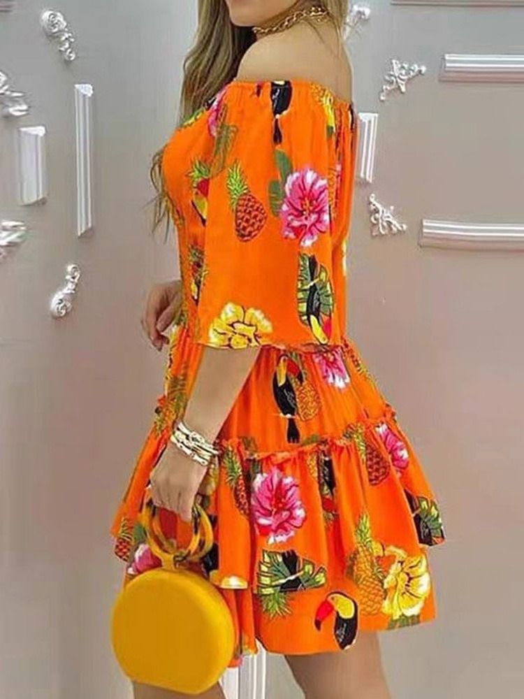 Vestido Normal Feminino Com Estampa Acima Do Joelho Manga Três Quartos