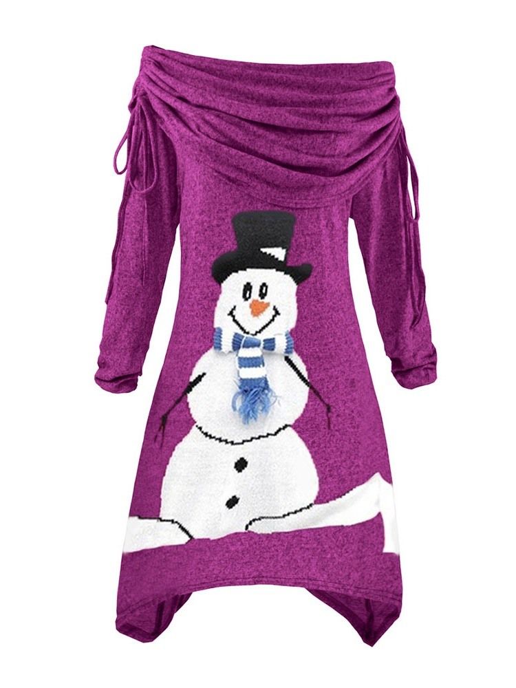 Vestido Normal Feminino Com Estampa De Manga Comprida De Gola Longa De Natal