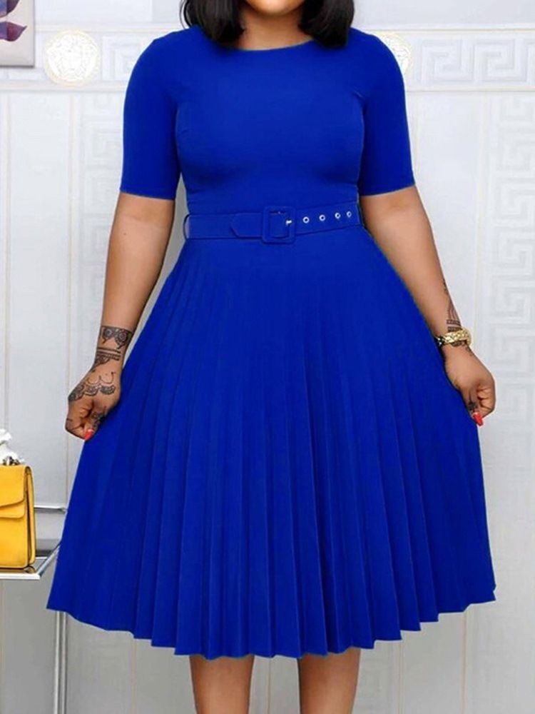 Vestido Normal Feminino De Manga Curta Com Gola Redonda Pregueada